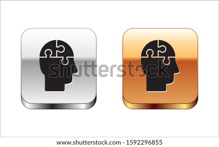 Black Human head puzzles strategy icon isolated on white background. Thinking brain sign. Symbol work of brain. Silver-gold square button. 