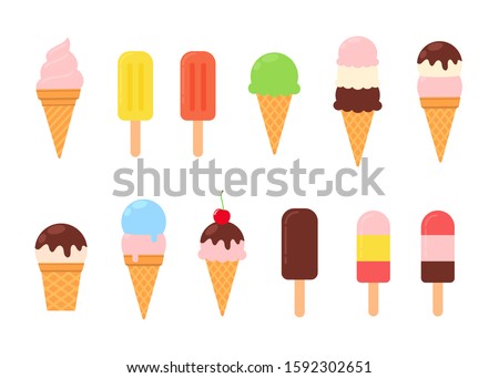 Collection of various multicolored ice cream icons. Vector illustration isolated on white background 