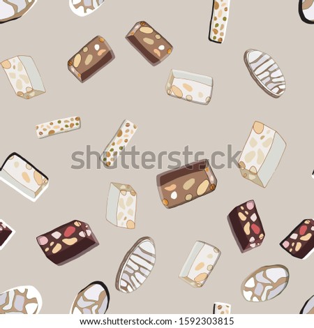 Seamless pattern with Christmas traditional Italian cookies Ricciarelli and nougat sweets. Cute endless background New year and Christmas. Vector illustration.