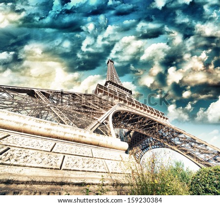 Paris. Beautiful view of Eiffel Tower with sky sunset colors.