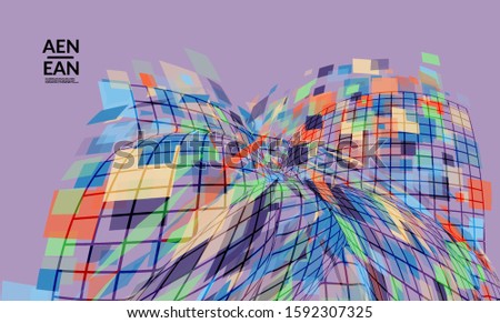 Square pixel mosaic distorted shape. Transparent overlapping squatters create dynamic movement effect. Abstract air balloon vector background.