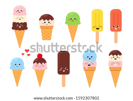 Collection of funny cheerful ice cream cartoon characters. Vector illustration isolated on white background 