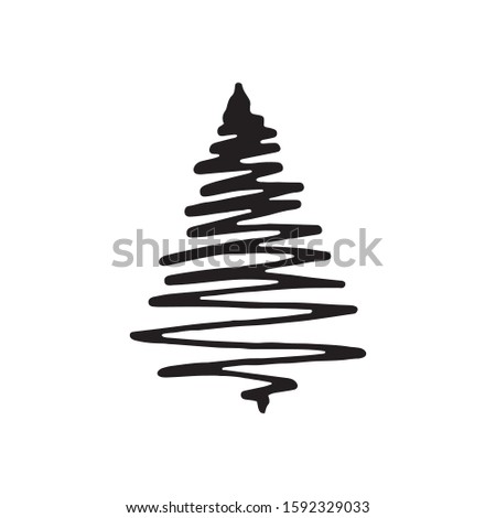 Vector illustration. Christmas tree made by curved line isolated on white background.  Holiday Сhristmas decoration design element. Hand drawn fir doodle clipart. 