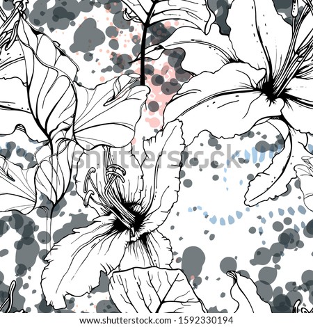 Artistic, Tropical, modern motif. Black and white graphic jungle print. Summer flower on abstract shape brush line. Trending contrast seamless pattern vector background. Watercolor blobs, ink, stains.