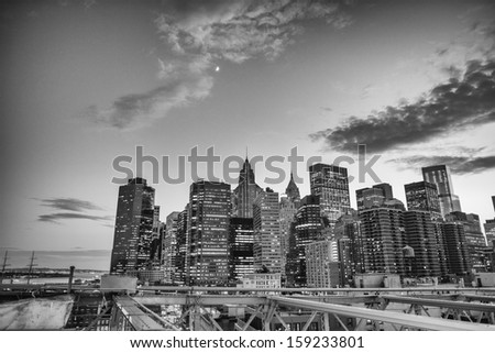 Sunset view of Lower Manhattan buildings.