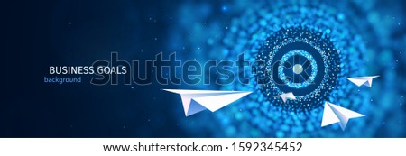 Business goal solution concept. Paper planes flies to the  abstract target vector web banner. ESP 10 Royalty-Free Stock Photo #1592345452