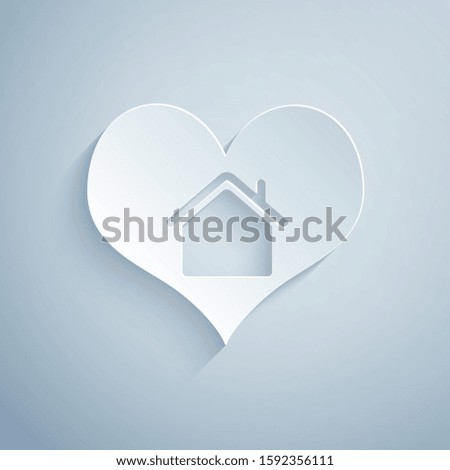Paper cut House with heart shape icon isolated on grey background. Love home symbol. Family, real estate and realty. Paper art style. 