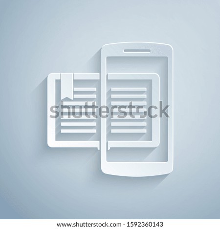 Paper cut Smartphone and book icon isolated on grey background. Online learning or e-learning concept. Paper art style. 