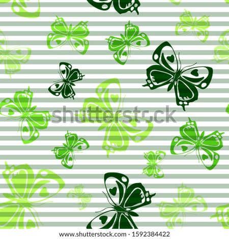 Flying decorative butterfly silhouettes over horizontal stripes vector seamless pattern. Girlish fashion fabric print design. Stripes and butterfly winged insect silhouettes seamless wrapping.
