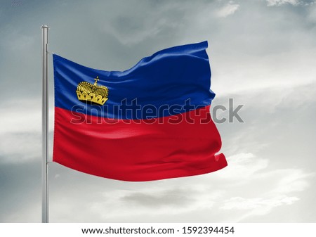 Liechtenstein national flag cloth fabric waving on beautiful grey sky.