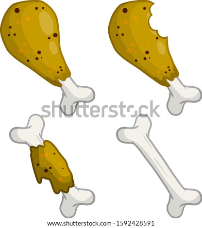 Piece of fried chicken leg. Delicious and fatty foods. Brown Food debris and scraps. Cartoon flat illustration. Eaten meal. Bitten meat with bone