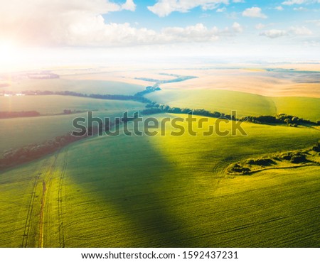 Aerial top view of green rural area in sunny day. Location place of Ukraine, Europe. Drone photography. Perfect wallpaper. Concept of agrarian industry. Discover the beauty of world.