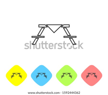 Grey line Picnic table with benches on either side of the table icon isolated on white background. Set icons in color rhombus buttons. Vector Illustration