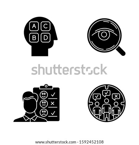 Survey methods glyph icons set. Analysis. Interview. Emotional opinion. Target population. Public opinion. Personality test. Customer review. Feedback. Silhouette symbols. Vector isolated illustration