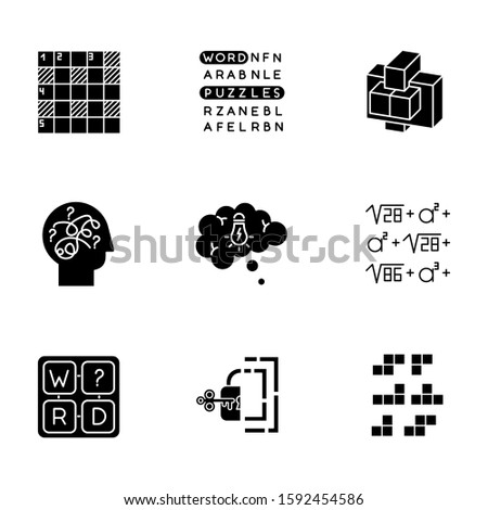 Puzzles and riddles glyph icons set. Construction, word puzzle. Crossword. Math problem. Puzzled mind. Logic games. Mental exercise. Brain teaser. Silhouette symbols. Vector isolated illustration