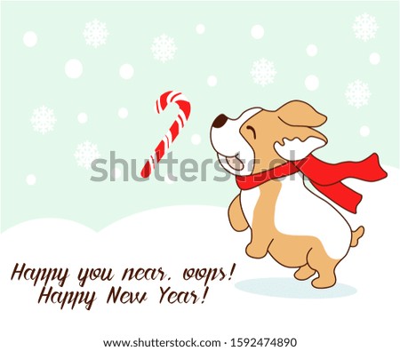 A cute Corgi Christmas card. Funny message Funny dog, Christmas Lollipop. Vector graphics.