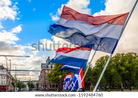 The Dutch tricolor flags waving on the wind, The Hague, Netherlands