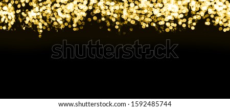 Christmas and Happy new year banner. Gold circles bokeh festive glitter border on dark background. Holiday greeting invitations, flyers, blog posts design.