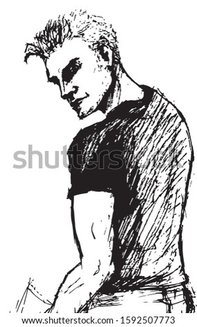 Simple hand drawn black and white trendy line portrait art
