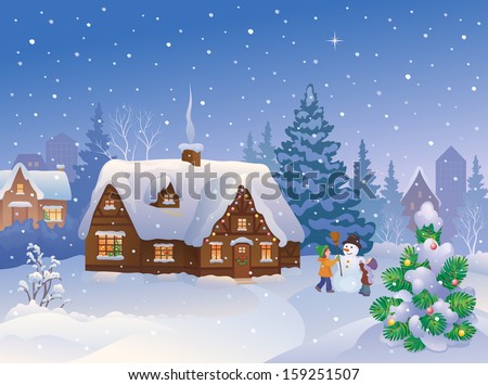 Vector cartoon illustration of xmas suburb houses and kids making a snowman at snowy evening