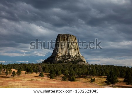 SEPTEMBER 29, 2019, Hulett, Wyoming, USA - aerial of Devils Tower National Monument location for  Close Encounters Motion Picture