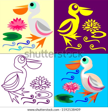 Vector illustration of pelican in 4 styles of drawing, stencil, sketch, watercolorin shallow water with blooming lotus