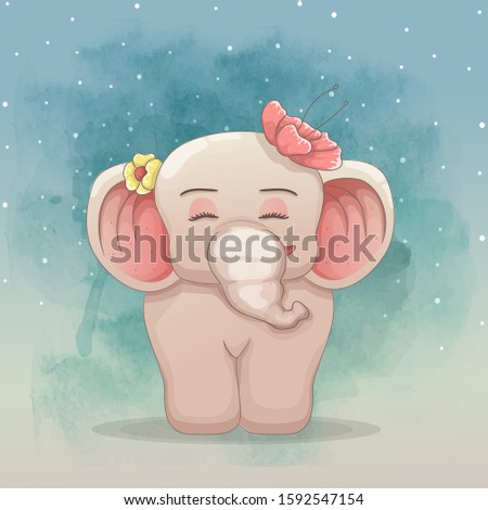 cute baby elephant with beautiful flowers. hand drawn vector art style