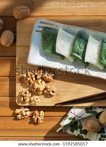 Korean traditional food jeolpyeon,pounded rice cake and Walnut