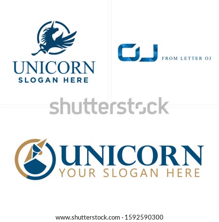 Design logo with unicorn winged horse circle and letter OJ blue line art vector suitable for technology software mobile Apps unicorn company animal