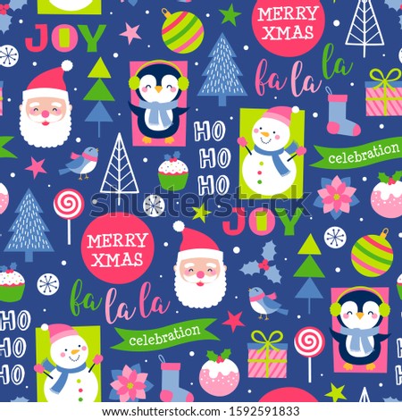 Cute cartoon character and decorative elements for christmas and new year celebration background.