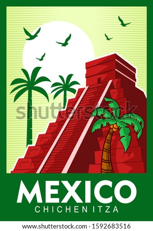 Chichen Itza. Travel to Mexico poster design, postage stamp, sticker, banner.