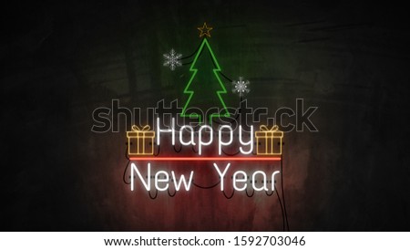 Happy New Year neon light on wall. Banner blinking neon sign style	
