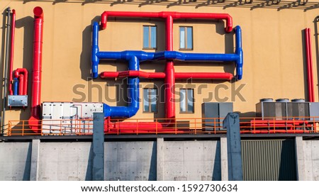 Air conditioning and ventilation system of an industrial building. Place for text. Technologies. Background image.