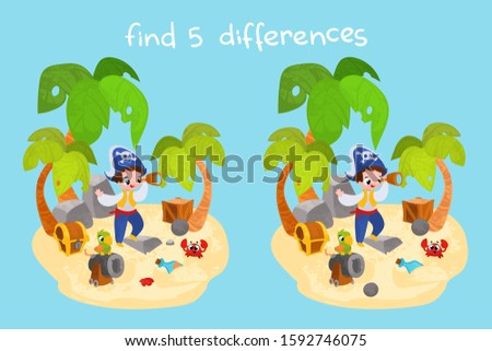 Vector cartoon pirate scene. Vector illustrations for children books. Find 5 differences. Educational game for children. Royalty-Free Stock Photo #1592746075