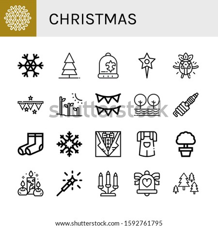 Set of christmas icons. Such as Snowflake, Tree, Beanie, Star, Surprised, Garlands, Plant tree, Spark, Socks, Bow, Jumper, Candles, Sparkler, Candelabra, Wedding bells , christmas icons