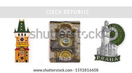 Souvenir (magnet) from the Czech Republic isolated on white background. Czech inscription is the name of the capital of "Prague" in English