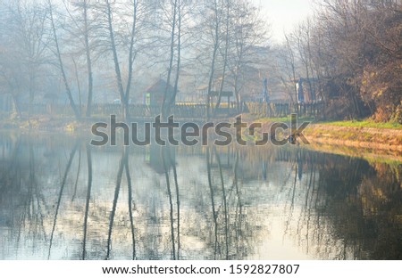 view of the misty forest reflected in the river