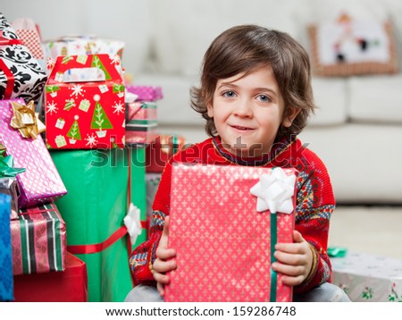 Portrait of cute boy with holding Christmas present at home