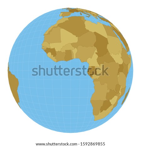 World Map. Satellite (tilted perspective) projection. Map of the world with meridians on blue background. Vector illustration.