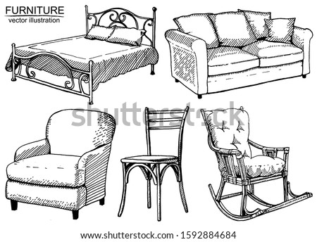Vector frame with hand drawn furniture on white background. Armchair, bed, chair, sofa, rocking chair. Black and white sketch with line art.