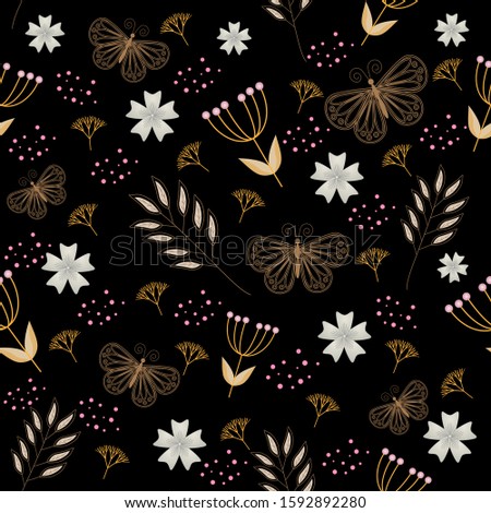 Floral seamless pattern on black background, flowers, leaves, butterflies, vector illustration