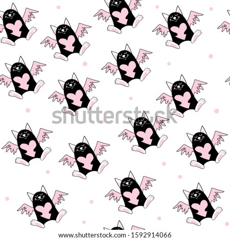 Happy black cat with wings holds a heart in his hands on a white background seamless pattern. Valentine's Day Concept