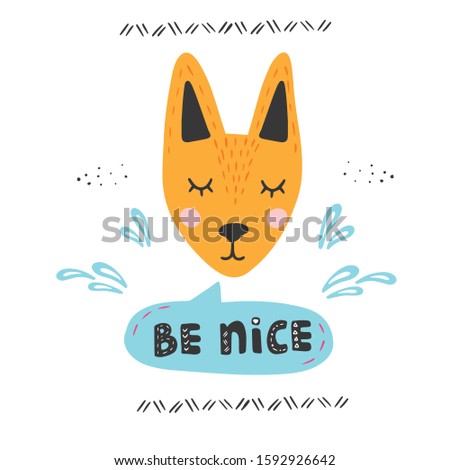 Hand draw vector illustration in cute style fox face. Modern concept of flat desing, carton character for kids, babies fashon, banners and invitations.