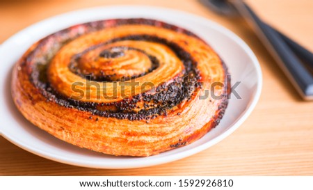 Poppy seed danish pastry roll in a plate. Close up.