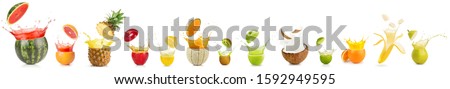 collection of splashing cut fruit isolated on white background