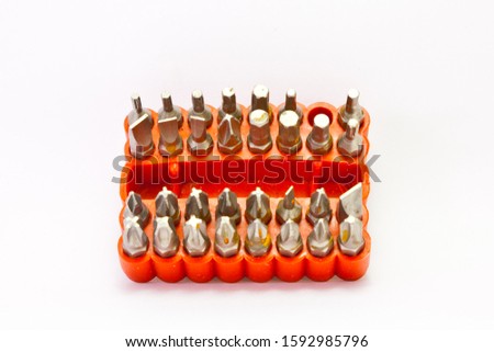 Close-up on white background professional screwdriver bit set tips, made of high quality S2 chrome vanadium steel for exceptional strength and durability. 