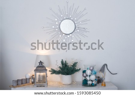 New Year's style interior decoration. Holiday mood ideas for home for Christmas. Minimalistic light Scandinavian style interior design.