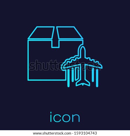 Turquoise line Plane and cardboard box icon isolated on blue background. Delivery, transportation. Cargo delivery by air. Airplane with parcels, boxes.  