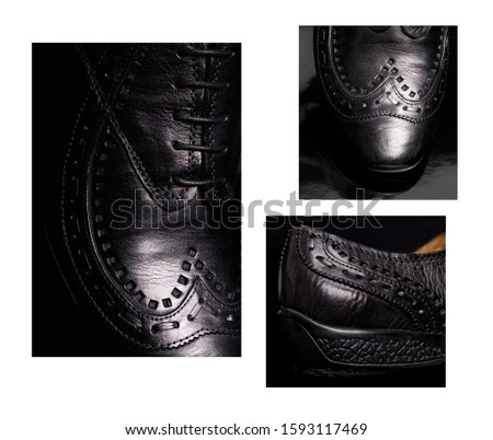 large elements and decor of men's black leather shoes