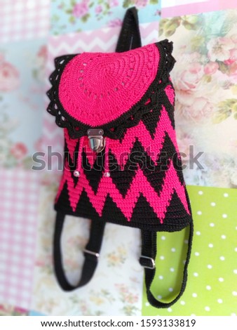 Black Pink Handcrochet Backpack, hooked in zigzag chevron pattern